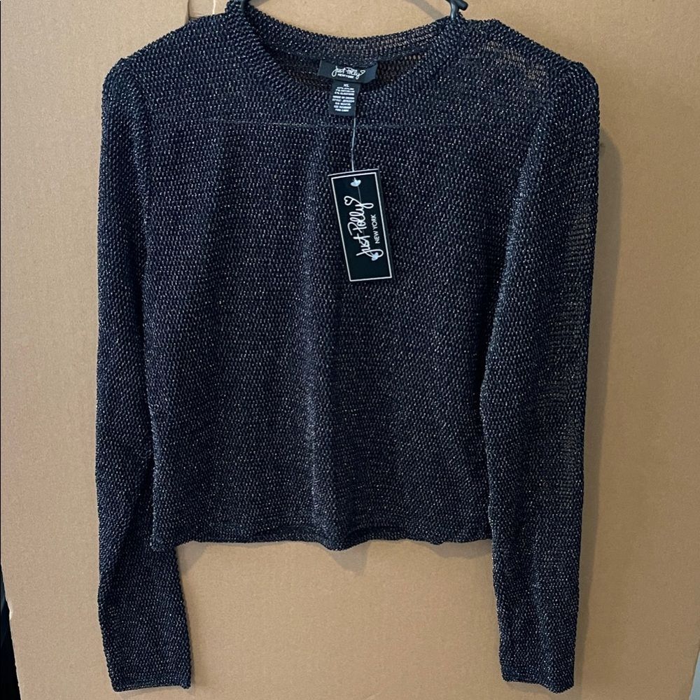Just Polly Elegant Long Sleeve Top in Charcoal NWT Mesh